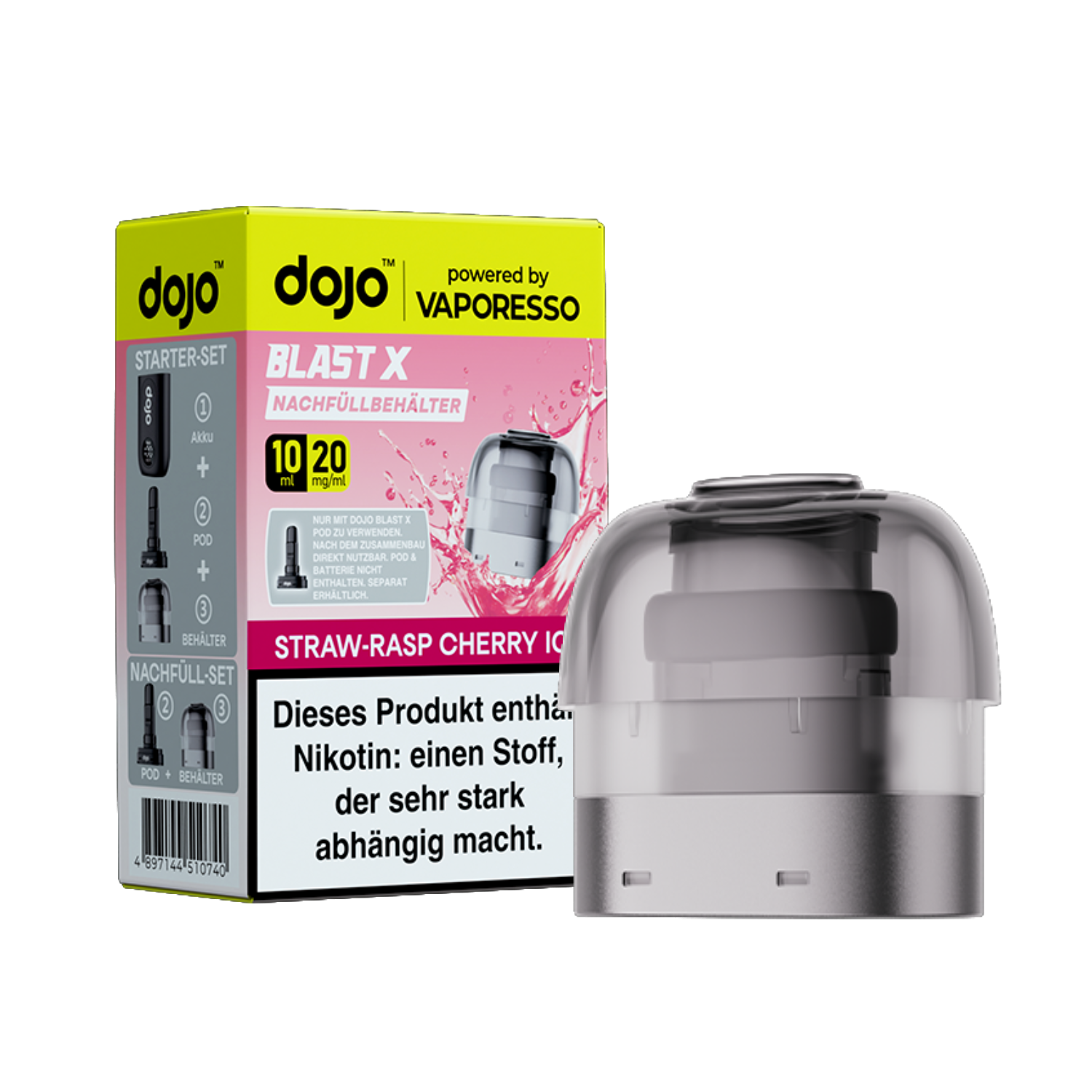 Dojo Blast X, Nachfüllbehälter, Straw-Rasp Cherry Ice 20mg 10ml